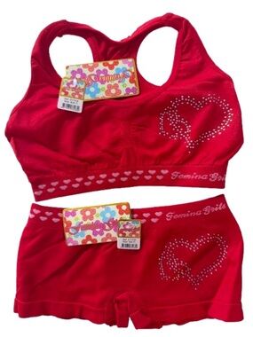 NWT Femina Girls' Red Rhinestone Heart Seamless 2 Pc Underwear Set-Size S 4-7